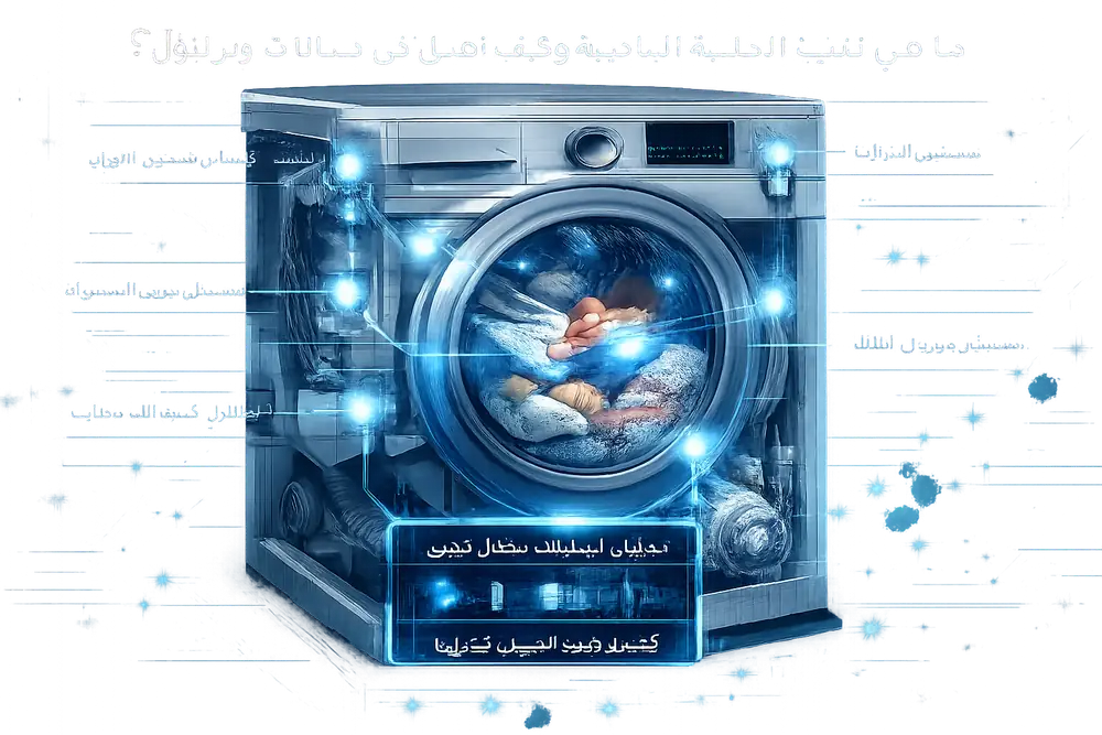 مخطط تقني مقطعي لغسالة ويرلبول يوضح مواضع مستشعرات تقنية 6th Sense ومسار المياه داخل الحلة