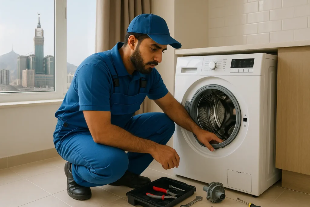 فني صيانة يرتدي زيّاً أزرق وقبعة يفحص غسالة تحميل أمامية في منزل، بجانبه صندوق أدوات وأجزاء.صيانة غسالات اوتوماتيك في مكة المكرمة