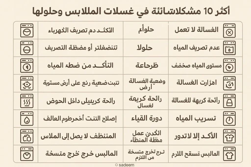 أكثر 10 مشكلات شائعة في غسالات الملابس وحلولها 1 جدول بالعربية يعرض 10 مشاكل شائعة في غسالات الملابس مع حلولها