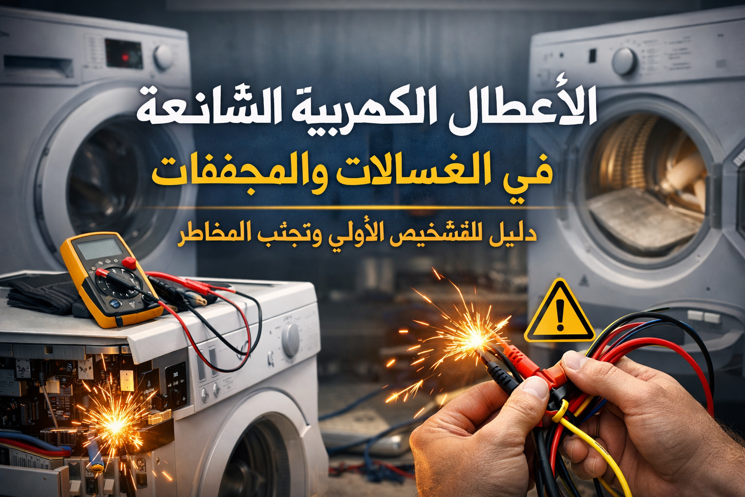 Professional landscape hero image () with : "الأعطال الكهربائية الشائعة في الغسالات والمجففات: دليل للتشخيص الأولي وتجنب