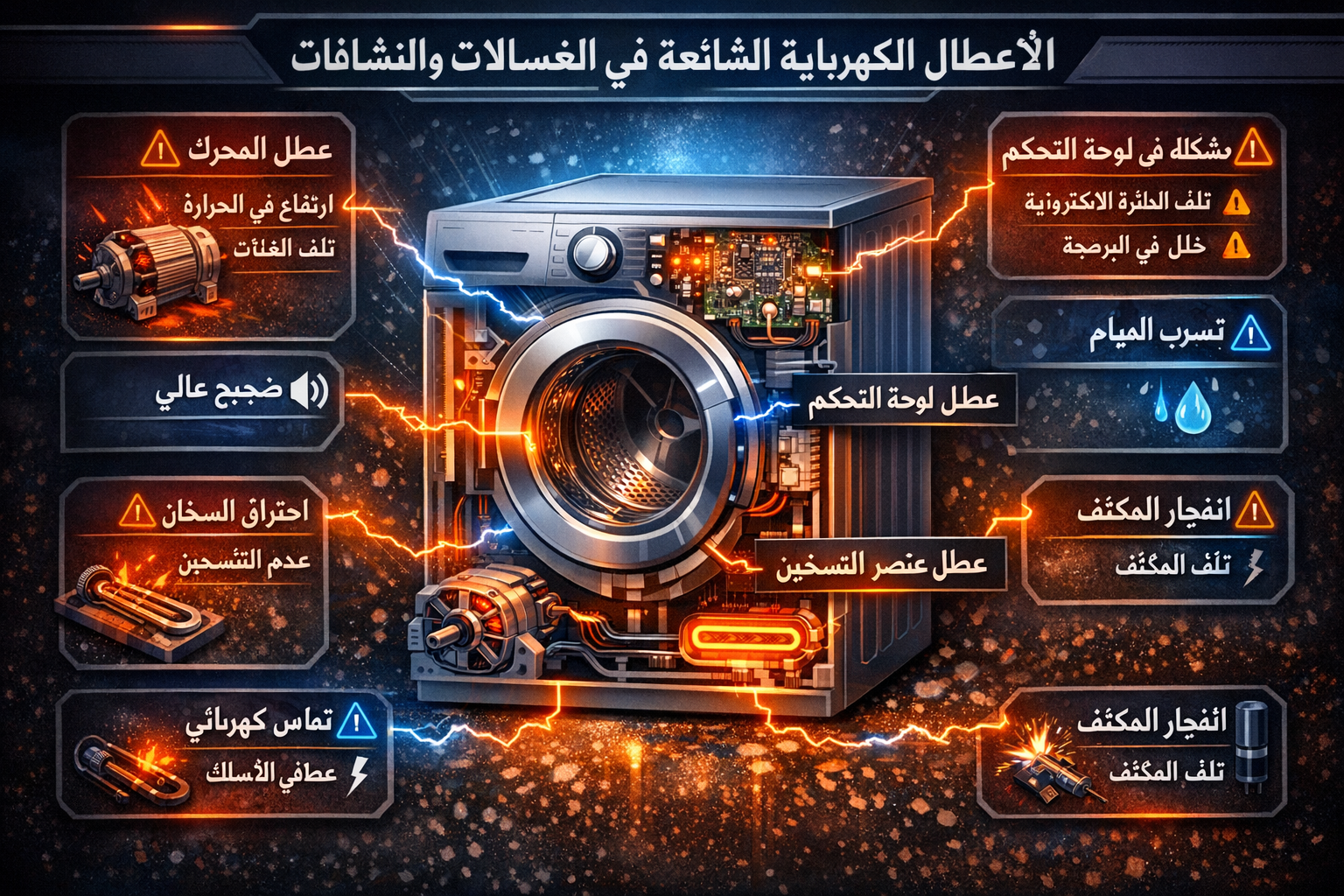 Section 2 visual guide: Detailed technical illustration showcasing the most common electrical failures in washers and